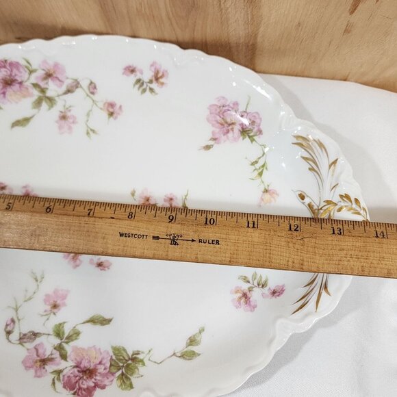 Theodore Haviland Limoges Platter 14x10" Schleiger 144 Green Scrolls Pink Rose - Picture 6 of 10
